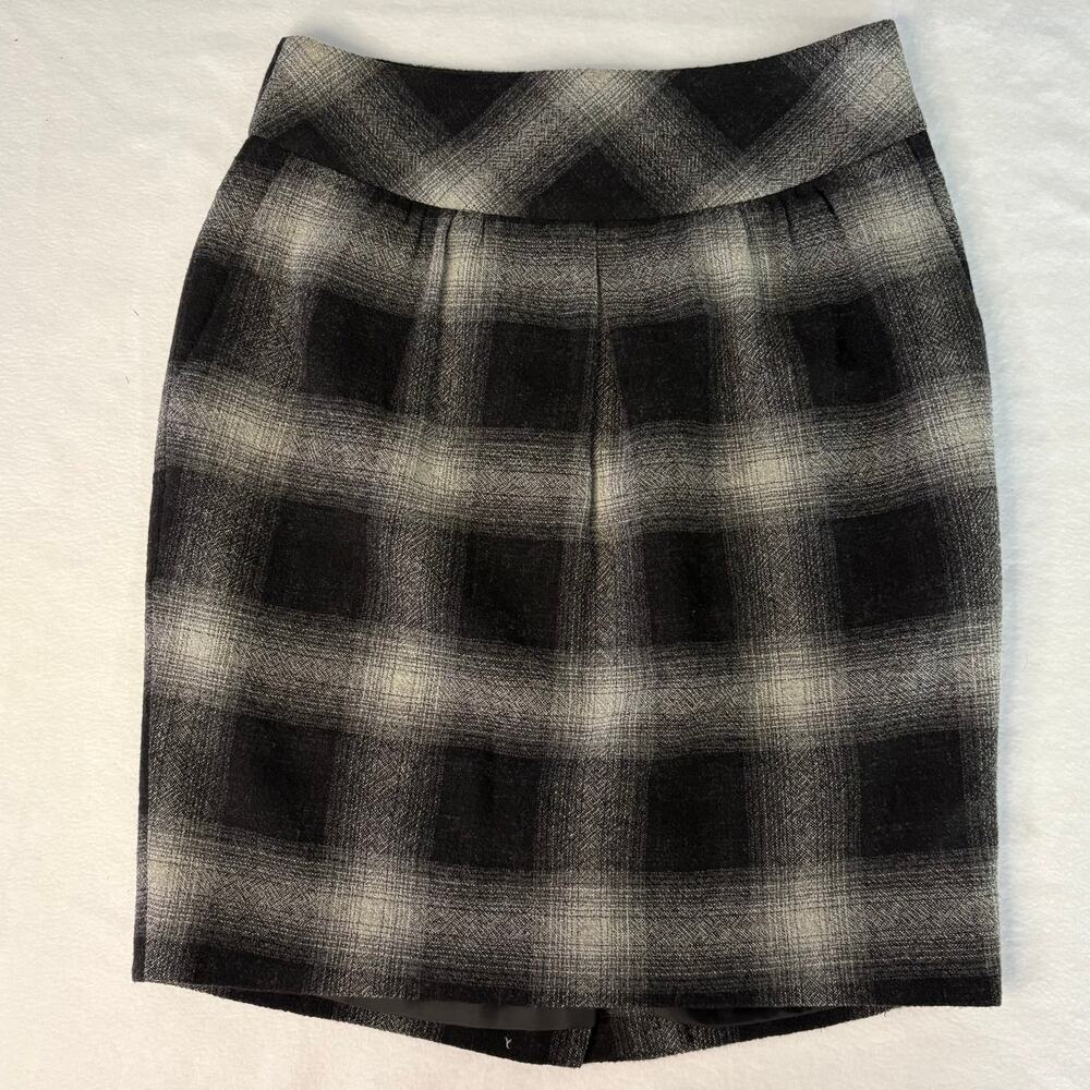 Ann Taylor Loft Black Gray Plaid Wool Blend Short Pencil Skirt Petite Size OOP